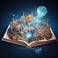 Magic opened the book. Fantastic world, imaginary view. Book, tree of life concept.