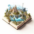 Magic opened the book. Fantastic world, imaginary view. Book, tree of life concept.