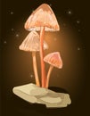Magic orange mushrooms on a dark background. Mystical glowing mushrooms. Mushrooms to play with, fantastic