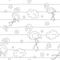 Magic pattern with flamingo. Black and white abstract outline seamless pattern. Fashion illustration drawing in modern style for