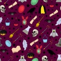 Magic pattern. Skulls, wands and magic potions. BACKGROUND FOR HALLOWEEN. Vector illustration