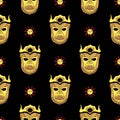Magic pattern. Sun God. Harpy children. Gold mask on a black background