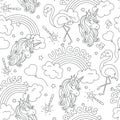 Magic pattern with unicorn and flamingo. Black and white abstract outline seamless pattern. Fashion illustration drawing in modern Royalty Free Stock Photo