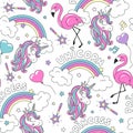 Magic pattern with unicorn and flamingo. Colorful trendy seamless pattern. Fashion illustration drawing in modern style for