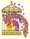 Magic Phoenix bird in a golden cage. Modern print for textile, fairyland symbol, fabric, embroidery, decoration. Fabulous image