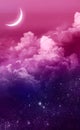 Magic, pink landscape with a glow moon and bright stars in deep space, a gentle. Royalty Free Stock Photo