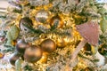 Magic pink mushroom and a lot of Christmas balls on the Christmas tree. Close-up. Festive Christmas toys. New Year mood Royalty Free Stock Photo