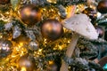 Magic pink mushroom and a lot of Christmas balls on the Christmas tree. Festive Christmas toys. New Year mood Royalty Free Stock Photo