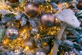 Magic pink mushroom and a lot of Christmas balls on the Christmas tree. New Year mood. Festive Christmas toys Royalty Free Stock Photo