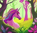 Magic pink unicorn with colorful mane in blooming forest Royalty Free Stock Photo