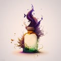 Magic poison bottle on light background. Fairy colorful splashes, drops around.