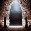 Magic portal in ancient stone arch fairytale background. Mysterious place with brick wall and way to other world
