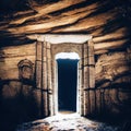 Magic portal in ancient stone arch fairytale background. Mysterious place surrounded with rock cliff pillars and way to