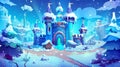 The magic portal with a fairytale castle in blue glow. Modern cartoon fantasy illustration, a winter landscape with snow Royalty Free Stock Photo