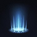 Magic portal. Realistic light effect with blue beam and glowing particles, futuristic teleport funnel 3d vector abstract