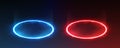 Magic portals, neon glowing podiums, red and blue pedestals for battle concept
