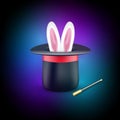 Magic poster design template. Magician concept with hat, rabbit and wand Royalty Free Stock Photo