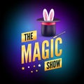 Magic poster design template. Magician logo concept with hat, rabbit and wand Royalty Free Stock Photo