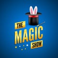 Magic poster design template. Magician logo concept with hat, rabbit and wand Royalty Free Stock Photo