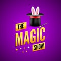 Magic poster design template. Magician logo concept with hat, rabbit and wand Royalty Free Stock Photo