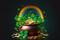 Magic pot Of Gold: Magical Treasure with Rainbow on a dark background. Generative AI