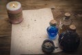 Magic potion and blank recipe scroll. Phytotherapy. Alternative herbal medicine. Shaman. Druidism.