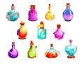 Magic potion bottle, energy elixir phial, alchemy liquid flask isolated game asset set on white Royalty Free Stock Photo