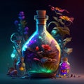 Magic potion bottle with flowers and magic potions. Vector illustration in cartoon style Generative AI