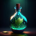 Magic potion in a bottle with a green leaf on a dark background AI generated Royalty Free Stock Photo
