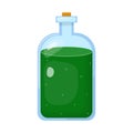 Magic potion in bottle with green liquid isolated on white background. Chemical or alchemy elixir. Vector illustration for any