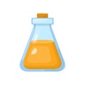 Magic potion in bottle with orange liquid isolated on white background. Chemical or alchemy elixir. Vector illustration for any