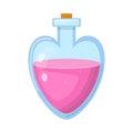 Magic potion in bottle with pink liquid isolated on white background. Chemical or alchemy elixir. Vector illustration for any