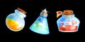 Magic potion bottle set, vector game elixir icon kit, cartoon wizard glass flask, user interface objects.