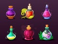 magic potion bottles with elixir set. fantasy glass flasks with colorful liquid plugs, toxins poison. ui gaming assets