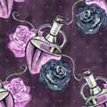 Magic potion bottles seamless pattern. Hand drawn. watercolor alchemy. Occultism and witchcraft drinks Royalty Free Stock Photo