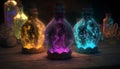 Magic potion bottles on wooden table. Halloween concept. 3D Rendering