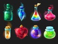 Magic potion. Cartoon game interface elements, alchemist bottles with elixir, poison, antidote and love potion. Vector