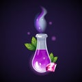 Magic Potion. Elixir Bottle. Mystery Purple Liquid. Leaves And Shiny Diamond. Poison Drink. Glass Vial With Steam