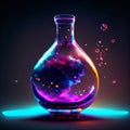 Magic potion in crystal vial with neon lights. Vector illustration. Generative AI