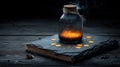 Magic potion jar with glowing sparkles and smoke on a dark book Royalty Free Stock Photo