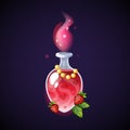 Magic potion. Love elixir bottle. Poison drink. Glass vial with strawberry and leaves. Magical laboratory. Witch alchemy