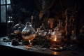 Magic potion in old laboratory. Halloween concept. Witchcraft background. Generative AI Royalty Free Stock Photo