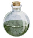 Magic Potion in a round bottle with cork. Watercolor illustration of witchcraft Poison on isolated background. Hand Royalty Free Stock Photo