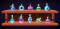 Magic potion shelf for alchemist game. Decorative apothecary poisons. Elixir glass bottles for RPG or witch poster