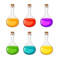 Magic potion vector collection .Elixir in glass bottle set isolated on white. Illustration of colorful flask with chemical Royalty Free Stock Photo