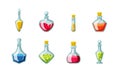 Magic potion vials set. Glass flasks with red elixir for game mechanics and interface green chemical substance with