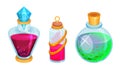 Magic Potions and Elixirs with Colorful Liquids Poured in Glass Fancy Shaped Bottles Vector Set