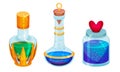 Magic Potions and Elixirs with Colorful Liquids Poured in Glass Fancy Shaped Bottles Vector Set