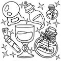 Magic potions icon vector image. Hand drawing bottles, goblet, crystal ball and stars. Wicca, occultism, alchemy, magic items. Col