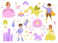 Magic princess world, knights and castle. Princesses and fairy lady with wand, wonder unicorn and prince frog. Kids